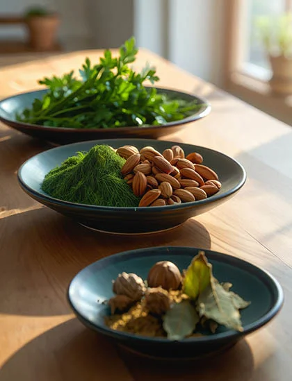 На столе стоят тарелки с зеленью, орехами и пряностями